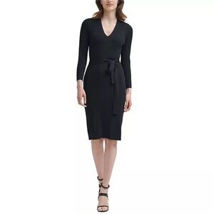 DKNY Sparkly Fitted Black Belted Midi Dress NWT